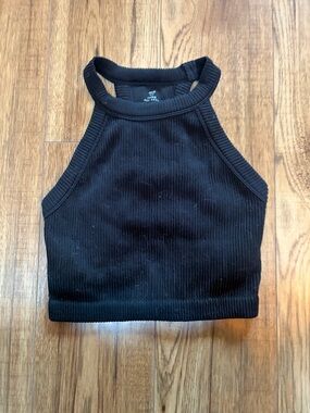 aerie Black Ribbed High Neck Crop Top